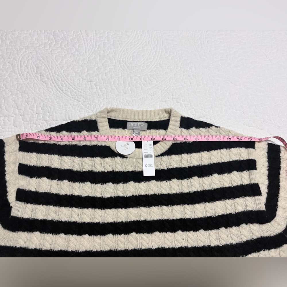 J. Crew cashmere cable-knit crewneck sweater in black and ivory stripe, size L - Picture 7 of 11